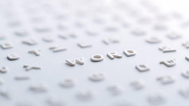 Close up of plastic letters spelling the word word on a white background with many scattered letters around, clean and minimalist design concept