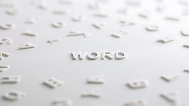White plastic letters spell the word WORD on a clean surface surrounded by scattered random letters in a minimalist corporate concept