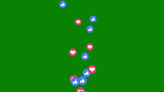 Floating heart and thumbs up icons for social media live streaming and audience engagement on green background