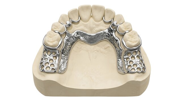 Metal Framework Try-In for Removable Partial Denture on Dental Stone Model Isolated on White Background