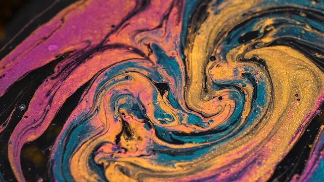 Iridescent oil slick rainbow colors swirling on water surface