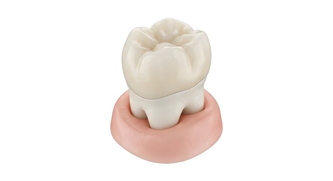 Zirconia Pediatric Dental Crown Seated on Primary Molar Tooth Model, 3D Render Isolated on White Background