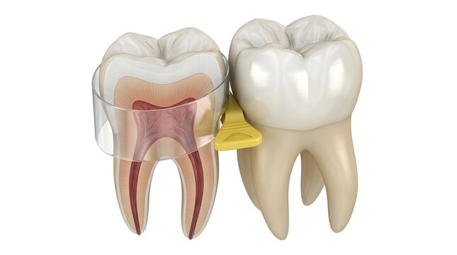 3D Render of Primary Molar Cross Section with Matrix Band and Interdental Wedge for Restoration