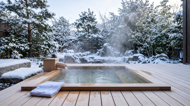 Open air hinoki cypress rotenburo bath with rising steam in a snow covered japanese winter garden