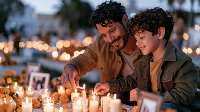 Realistic photograph of a father and son lighting candles at a cemetery gravesite decorated with marigolds and framed photographs, soft dusk light, quiet emotional moment, candid d