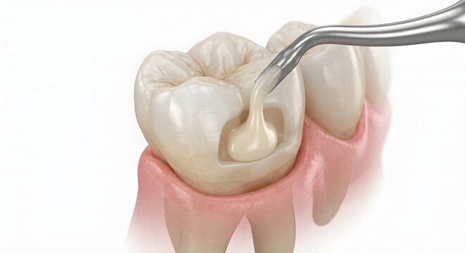 3D Render of Dental Restoration: Applying Glass Ionomer Cement into a Molar Tooth Cavity
