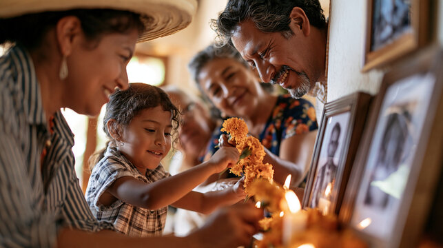 Realistic photograph of a multi-generational Mexican family arranging marigold flowers around a home altar with framed photos of ancestors, candlelight glow, warm golden hour inter