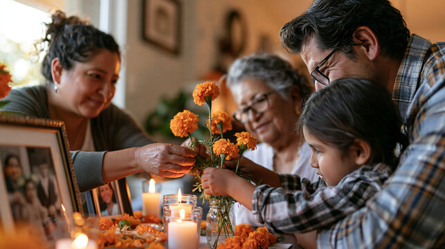 Realistic photograph of a multi-generational Mexican family arranging marigold flowers around a home altar with framed photos of ancestors, candlelight glow, warm golden hour inter