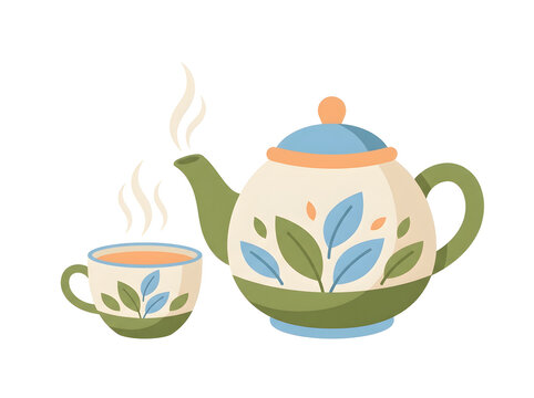Ceramic teapot and cup vector illustration, hot tea beverage set with leaves