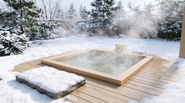 Open air hinoki cypress rotenburo bath with rising steam in a snow covered japanese winter garden