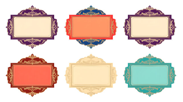 Six ornate decorative frames with intricate borders in various colors, suitable for labels or invitations.