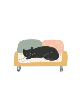 Minimalist illustration of a black cat sleeping comfortably on a colorful sofa inside a home.