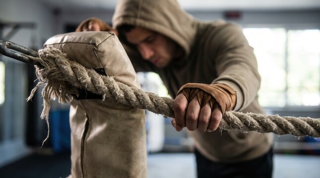 Exhausted young male fighter resting on ring ropes in boxing gym wearing hoodie and hand wraps representing fatigue, determination, and combat sports training