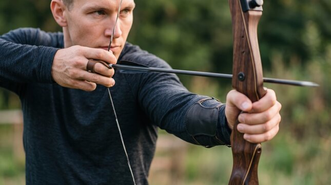 Focused adult Caucasian male archer aiming with a traditional wooden bow and arrow outdoors in a natural setting, representing concentration, skill, and outdoor recreation