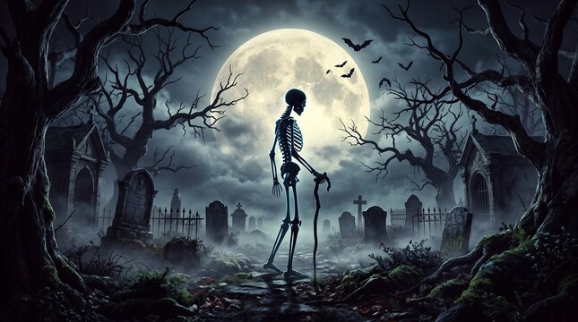 Skeleton walking in a foggy cemetery graveyard under a full moon