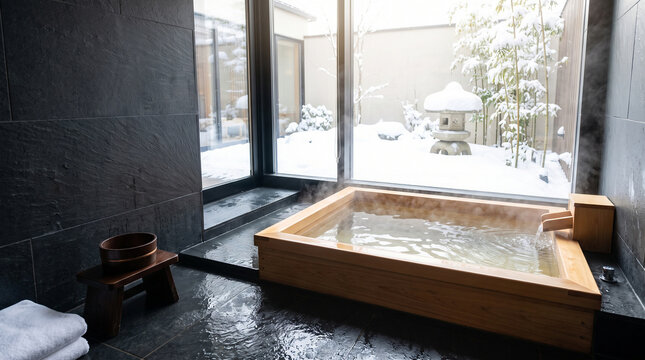 Modern japanese bathroom with hinoki cypress bathtub and snow covered winter garden view spa interior