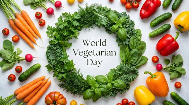 A festive wreath made of fresh green herbs surrounding the text world vegetarian day with colorful assorted vegetables on a white background