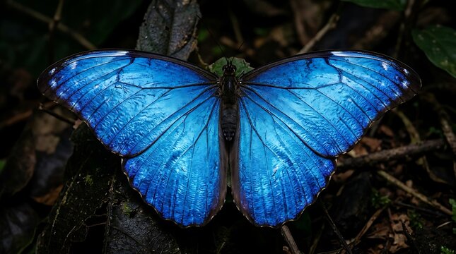 Blue morpho butterfly with spread wings on dark ground