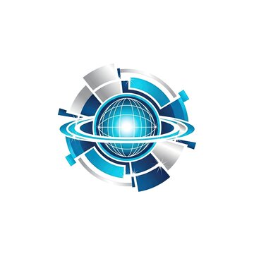 Blue digital globe with silver orbital rings and rays.