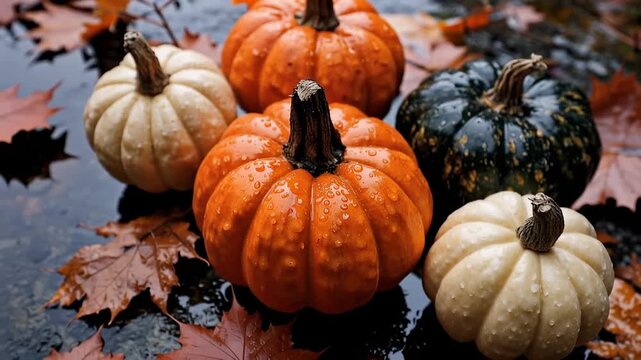 Mini pumpkins on wet maple leaves in autumn. raindropcovered orange and white gourds arranged on dark damp ground.