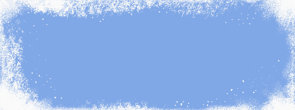 Soft frozen border with frost and ice spray on blue snow background. Winter frame effect with white powder dust and grainy chalk texture. Vector frozen window overlay, clean border for Christmas card