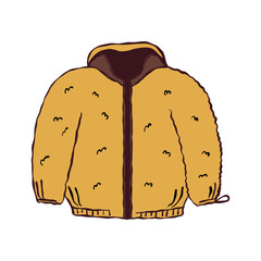 Hand-drawn yellow winter jacket with a dark brown fur-lined hood, front zipper, and long sleeves, isolated on a white background, vector illustration © Tatiana