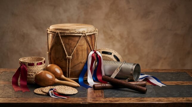Traditional Handmade Percussion Instruments Arranged on Wooden Surface With Festive Ribbons
