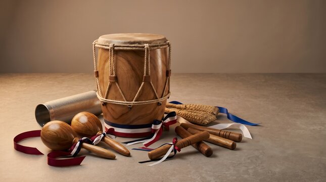 Assortment of Wooden Percussion Musical Instruments with Festive Ribbons