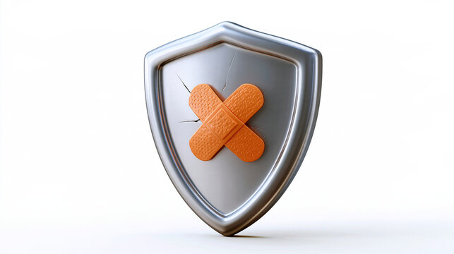 Creative glossy 3D shield icon with a small crack patched by a tiny bright orange adhesive bandage, trust restoration and security recovery concept, smooth rounded icon style, isol