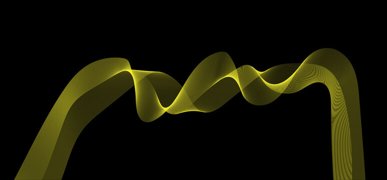 Abstract flowing yellow wave pattern graphic design element with smooth curves and dynamic motion on black background
