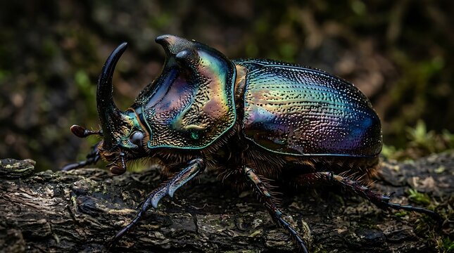 Iridescent rhinoceros beetle crawling on dark wood bark