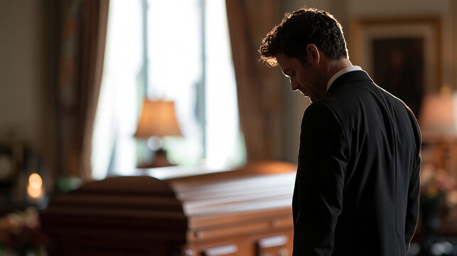 Side view of a funeral director standing solemnly beside a closed casket in a quiet chapel preparation room, soft ambient light, funeral home operations, end of life services, with