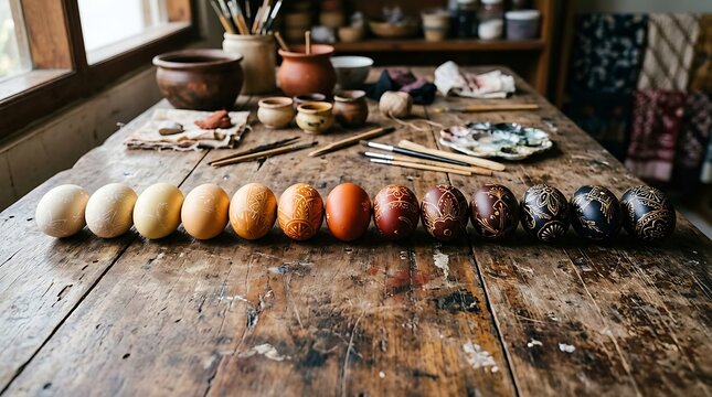 Hand decorated easter eggs in gradient row on rustic wooden table