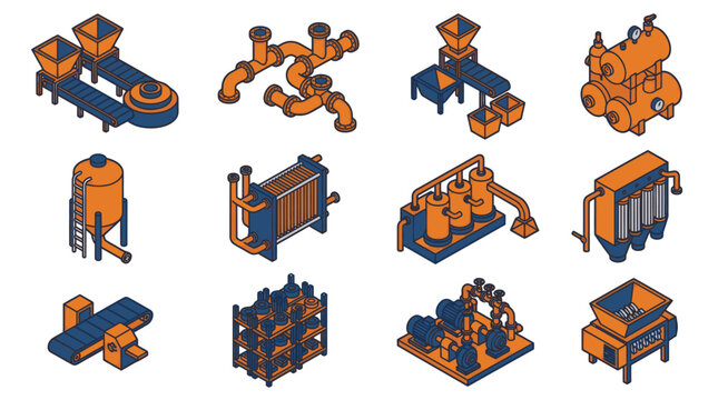 Minimalist Isometric of Industrial Machinery and Equipment in Orange and Blue Color Scheme with high quality professional line art symbols for modern creative design and digital branding projects