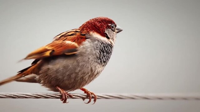 Common sparrow balanced on a thin metal wire.