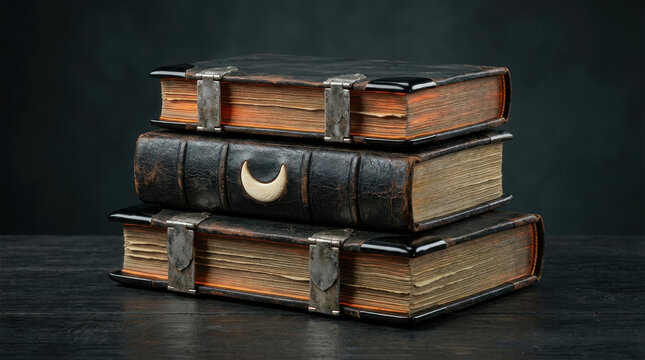 A stack of old leather-bound spell books with mystical metal clasps on a dark wooden table