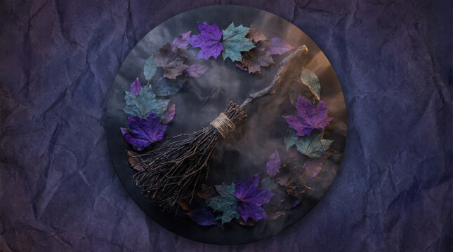 Mystical Witch Broom with Autumn Leaf Wreath on Dark Background for Halloween