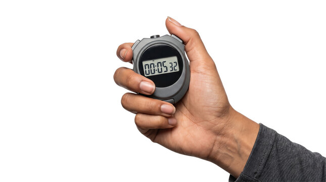 Digital stopwatch with a visible timer display gripped tightly in a hand ready to measure elapsed seconds as an isolated PNG with transparent background