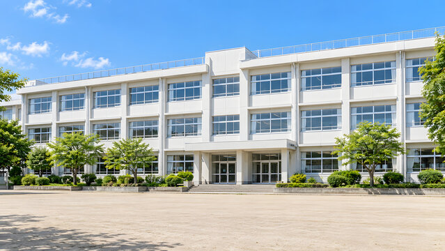 青空の下に広い校庭が広がる緑に囲まれた日本の学校校舎