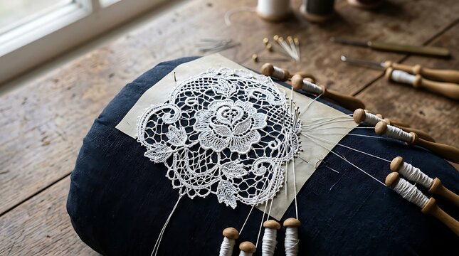 Traditional bobbin lace being handcrafted on a pillow