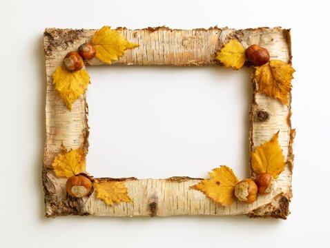 Autumn Birch Bark Frame with Leaves and Chestnuts