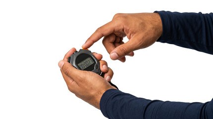 Fototapeta premium Digital stopwatch with an orange top button pressed by an approaching finger while both hands work together as an isolated PNG with transparent background