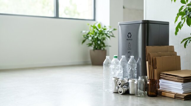 Sustainable Waste Management Practices Featuring Sorted Recyclables Beside A Residential Recycling Bin In A Bright Modern Minimalist Home