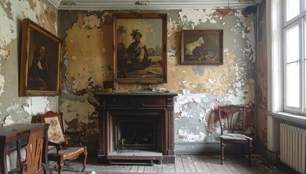 Abandoned Victorian Drawing Room with Peeling Wallpaper, Antique Furniture, and Portraits