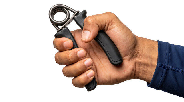 Hand grip strengthener with a tightly coiled spring squeezed hard by all fingers wrapped around the black grips as an isolated PNG with transparent background