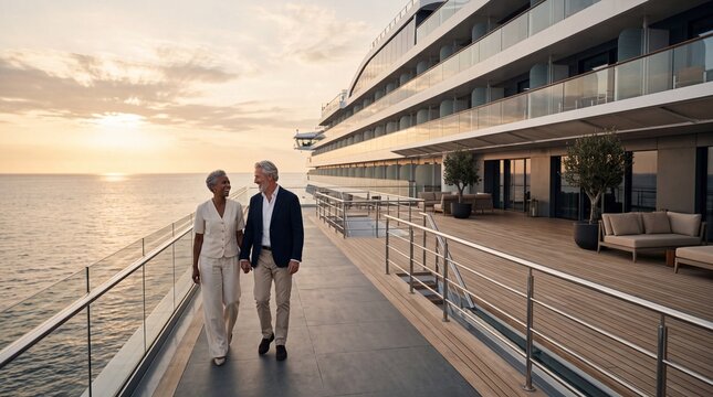 Senior Couple Walking on Luxury Cruise Ship Deck at Sunset