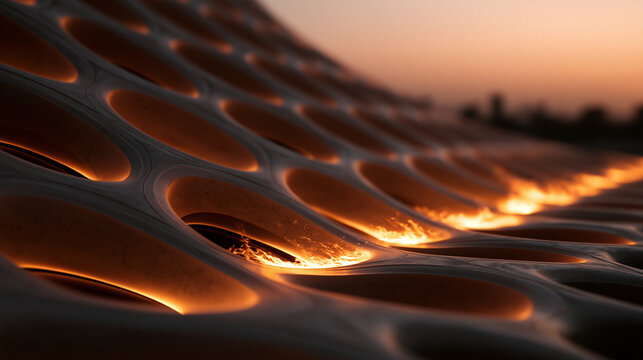 Futuristic Parametric Architectural Surface Illuminated with Warm Light