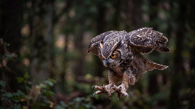 Great Horned Owl Flying with Outstretched Talons in Forest