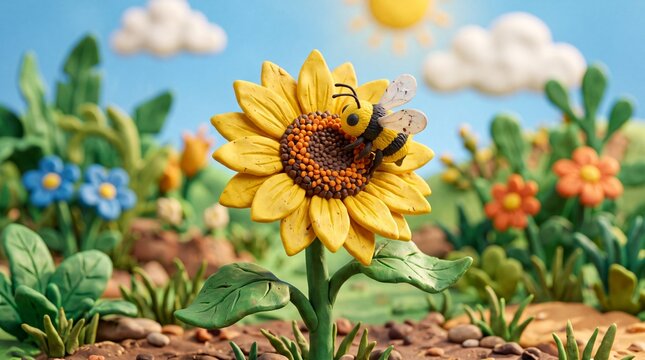 Clay Sunflower with Bee Pollinating in Sunny Garden