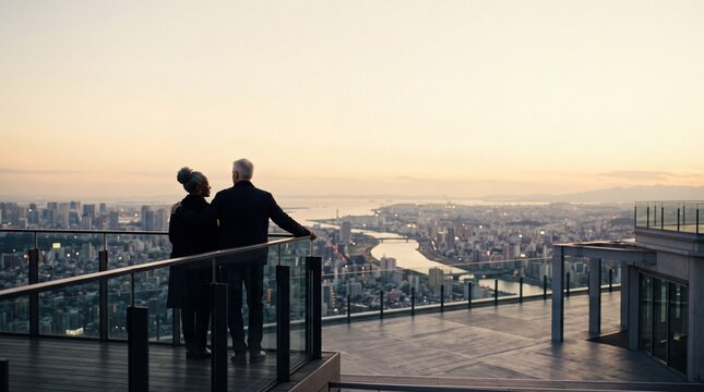 Senior Couple Overlooking City Skyline from Rooftop at Sunset